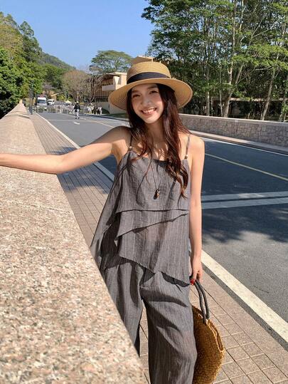 DAZY 女士韩版吊带背心上衣和长裤两件套家居服套装