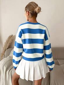 SHEIN Cottnline Cárdigan corto casual con bloques de color y rayas para mujer, para primavera y otoño - Agua verde azul - Ver 2