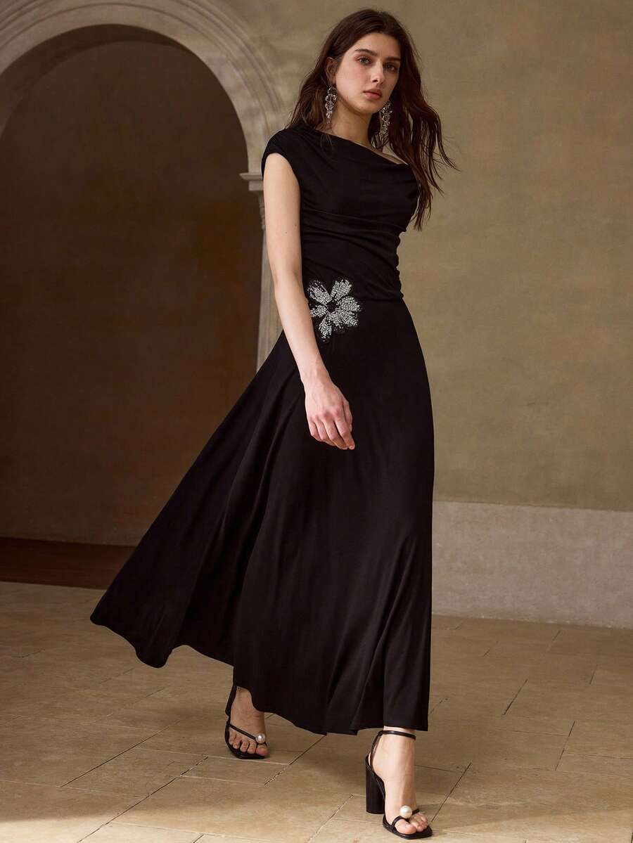 MOTF PREMIUM SPRING/SUMMER NEW HOLLOW EMBROIDERED FLORAL RUCHED ASYMMETRIC SHOULDER KNIT MIDI DRESS FOR WOMEN - Black - View 1