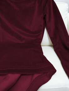 Franclia 优雅休闲丝绒V领长袖T恤，香槟色，秋冬款 - 酒紅色 - 查看 4