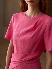 MOTF PREMIUM WOMEN'S 100% LINEN CASUAL & DATE ROUND NECK SHORT SLEEVE MIDI DRESS, SPRING/SUMMER - Hot Pink - View 2