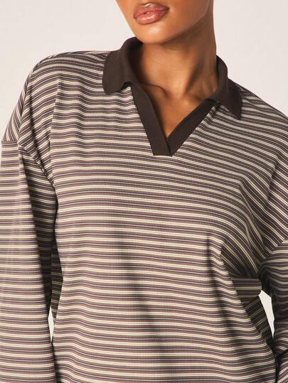 MISSGUIDED Women's Striped Long Sleeve Collared Lounge Top With Ribbed Cuffs And Contrast Trim Details For Casual Winter Comfort And Relaxed Home Styling
