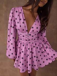 SHEIN BAE Đầm ngắn tay dài cổ chữ V chấm bi gợi cảm dành cho nữ - Hồng - Xem 3