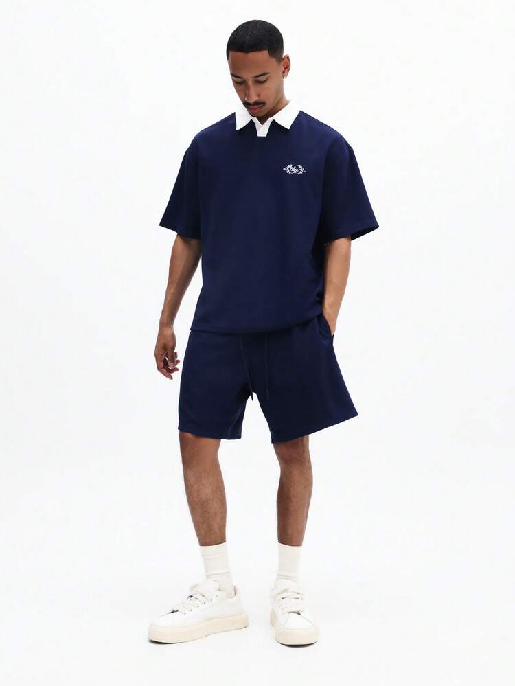 Conjunto Casual de Duas Peças com Camisa Polo Marinho Inteligente e Shorts Combinando, com Gola Branca Contrastante e Manga Curta, Roupa de Verão