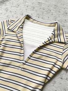 Glimmora 女士复古夏季新款黄白条纹二合一Polo衫，短袖V领修身显瘦上衣，复古休闲时尚衬衫 - 淡黃色 - 查看 3