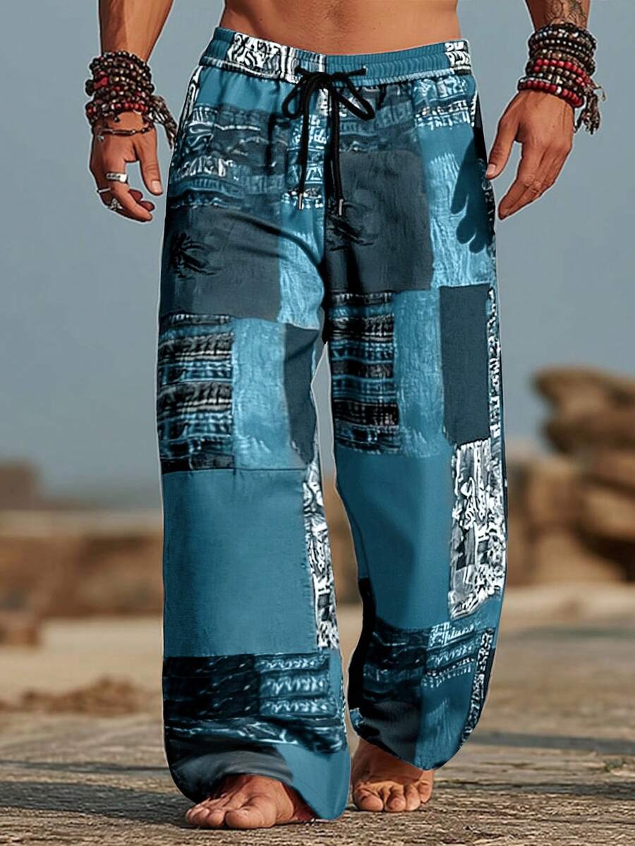 Manfinity RSRT Men's Colorful Patchwork Elastic Waist Straight Leg Pants - Blue - View 1