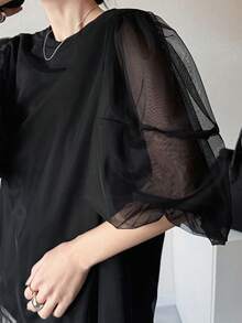 FRIFUL Women's Summer Casual Commuting Mesh Patchwork T-Shirt - Black - View 5