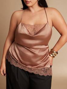 SHEIN BAE Regata Elegante de Cor Sólida com Renda Assimétrica em Contraste, Plus Size - Champanhe - Visão 4
