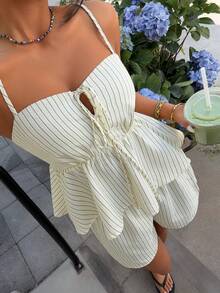 Muchica New Woven Yellow Striped Casual Vacation Suit For Women, Summer Outfit For Women, Beach Vacation Outfits For Women - Yellow - View 3