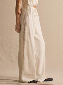 MUSERA Linen Lace Detail Wide Leg Trouser Co-Ord Bottoms Only Spring Summer Cosy Cute Daily Girly Vacation Sunlight Social - White - View 3