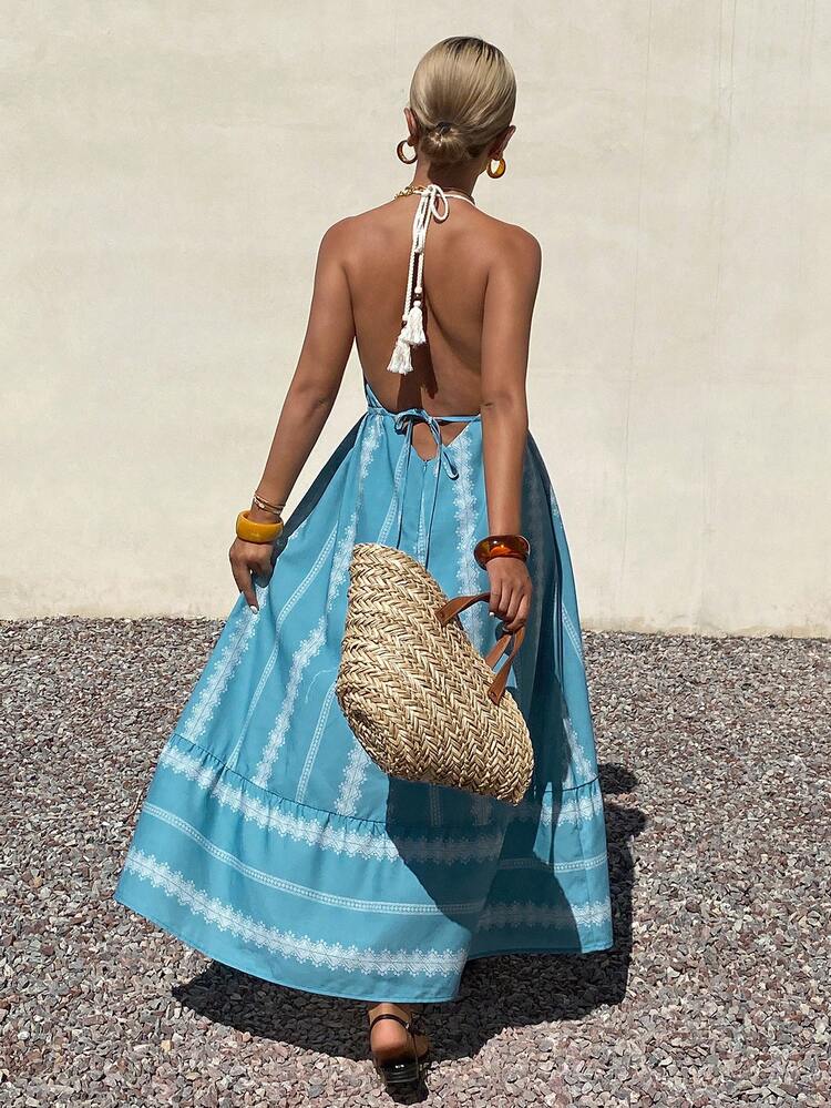 Women's Elegant Floral Print Halter Neck Mid-Length Dress, Summer Sundress Boho