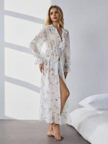 SHEIN 女士碎花荷叶边下摆休闲家居服睡袍 - 白色 - 查看 5