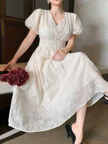 DAZY Women's V-Neck Short Sleeve Textured Fabric Dress, Elegant - White - View 4