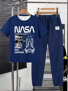 SHEIN 青少年男孩海軍藍太空人T恤與長褲套裝，Y2K休閒極簡運動風寬鬆短袖圓領套裝，適合夏季、上學、日常穿著 - 白色 - 查看 2