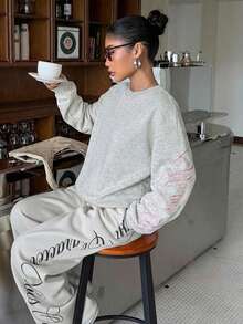 Muchica Light Grey Knit Sweatshirt With Embroidery Design, Women's Pullover, Y2K Grey Sweatshirt - Light Grey - View 4