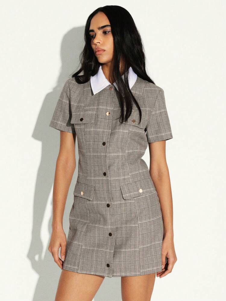 KSTM Checked Mini Shirt Dress With White Collar Short Sleeve Button Front Office Work Business Casual Professional Spring Summer