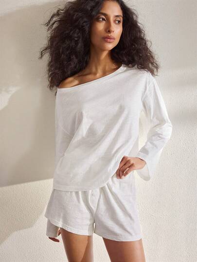 Ocili 2pcs Soft Cotton Casual Long Sleeve Faux Placket Shell Button Shorts Pajama Set, Comfortable Minimalist Loungewear For Women