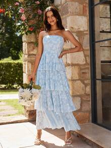 KARISMINA 女士浪漫度假长裙，提花面料无肩带连衣裙，蓝色 - 淺藍色 - 查看 1