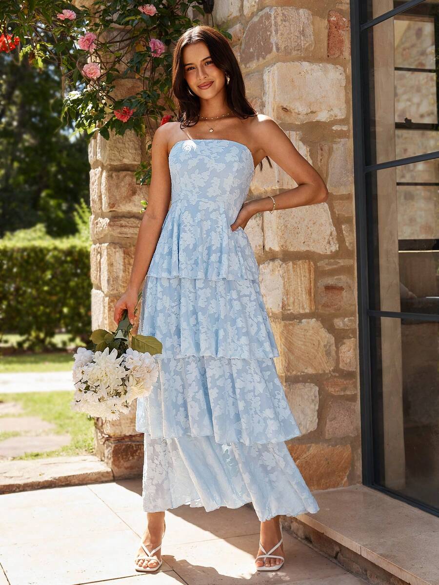 KARISMINA 女士浪漫度假长裙，提花面料无肩带连衣裙，蓝色 - 淺藍色 - 查看 1