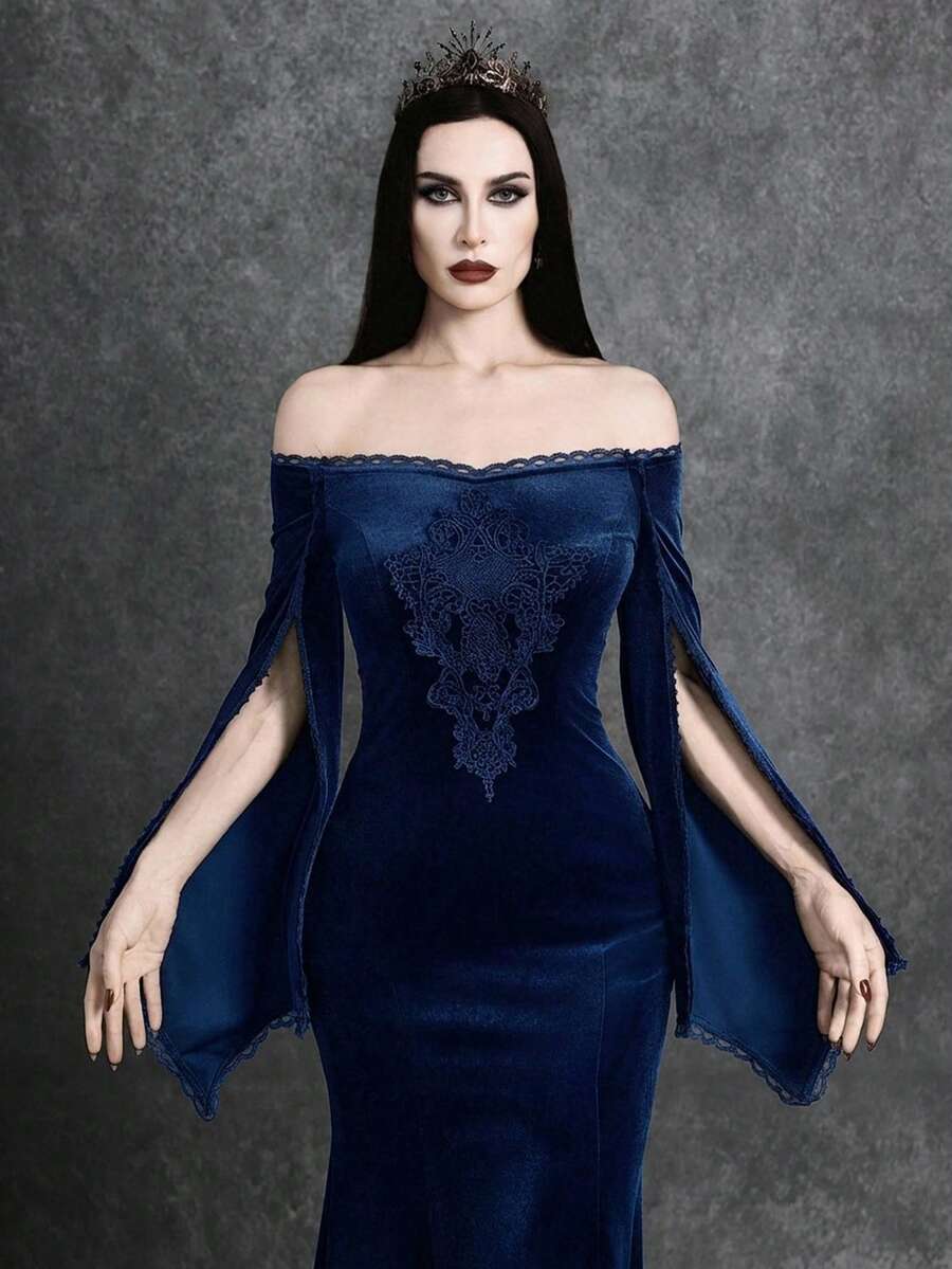 Glisette Vestido de manga larga con hombros descubiertos de terciopelo negro vintage de punto para mujer, otoño/invierno - Dark Blue - Ver 1