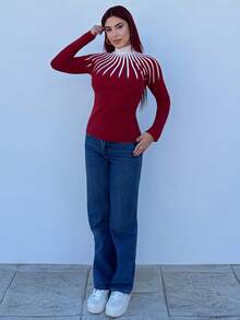 Bearsaez Suéter de manga larga con cuello alto y estampado gráfico - Fiery Red - Ver 4