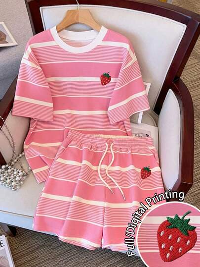 Resyla Women's Summer Casual Sporty Striped Regular Fit Round Neck Short Sleeve T-Shirt + Slant Pocket Shorts Set