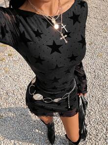 Muchica Black Flocked Mesh Women's Dress - Brown - View 7