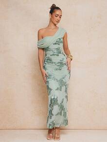 Lumalex 女士优雅花卉图案不对称肩部连衣裙，夏季 - 綠色 - 查看 7