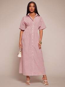 Radiana Summer Casual Chic Striped Waist Cinching Shirt Dress, Striped Dress, Long Dress, Waist Cinching Dress, Shirt Dress, Vacation Dress, Suitable For Casual Outings, Urban, Commute, Dates, Gatherings, Tea Parties, Island Getaways, Beaches, Holidays - Red and White - View 3