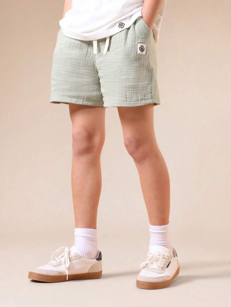 Boys Summer Woven Drawstring Shorts With Side Pockets Casual Everyday Wear Sage Green Textured Cotton Blend Regular Fit