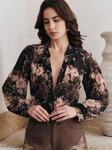 Anewsta Floral Print Sheer V-Neck Long Sleeve Cardigan - Brown - View 6