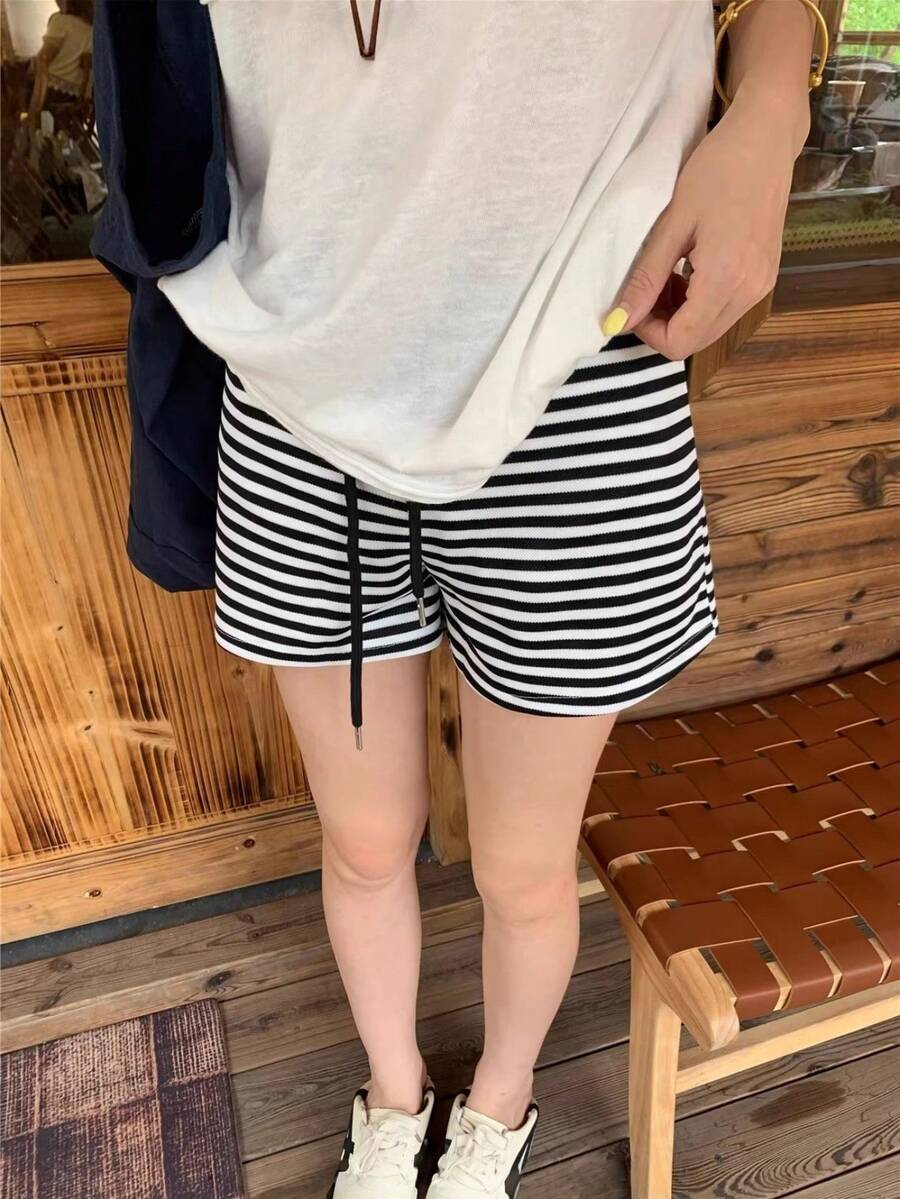 K-Vae Casual Striped Drawstring Waist Shorts, Versatile For Summer - Black and White - View 1