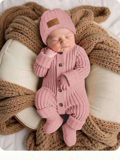 SHEIN Newborn Baby Girl Cute Autumn/Winter Versatile Knitted Romper With Footies And Hat Set Newborn Baby Photoshoot Outfit Pink Newborn Outfit Newborn Sweater Romper Baby Knit Jumpsuit Newborn Knit Outfit