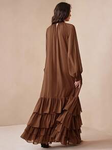 Arave Vestido largo de gasa holgado y elegante para mujer con cuello alto y dobladillo con volantes en capas, adecuado para citas - Óxido marrón - Ver 4