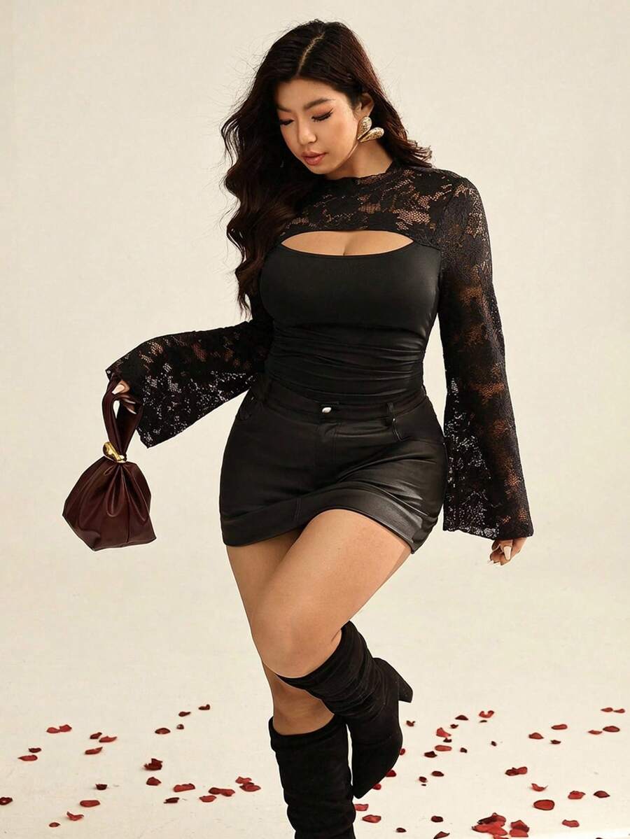 Auralis Plus Size Women's Burgundy Lace Patchwork Sheer Ruched Waist Flare Sleeve T-Shirt, Elegant, , Valentine's Day Fall - Black - View 1