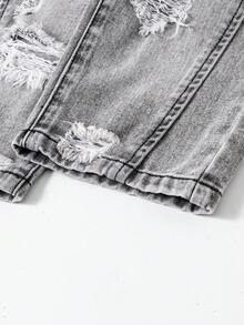 SHEIN Baby Girls' All-Match Minimalist Distressed Washed Straight Leg Jeans - Light Grey - View 7