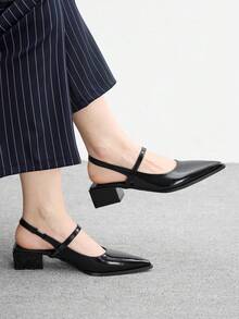 CUCCOO BIZCHIC 女士鞋履春夏性感漆皮尖头低帮粗跟简约风格办公通勤女鞋高跟露跟鞋 - 黑色 - 查看 1