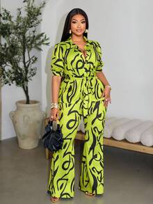 SOLERSUN Ensemble casual grande taille avec Top à manches courtes et pantalon imprimés tout-sur-tout avec ceinture - Vert - Voir 1