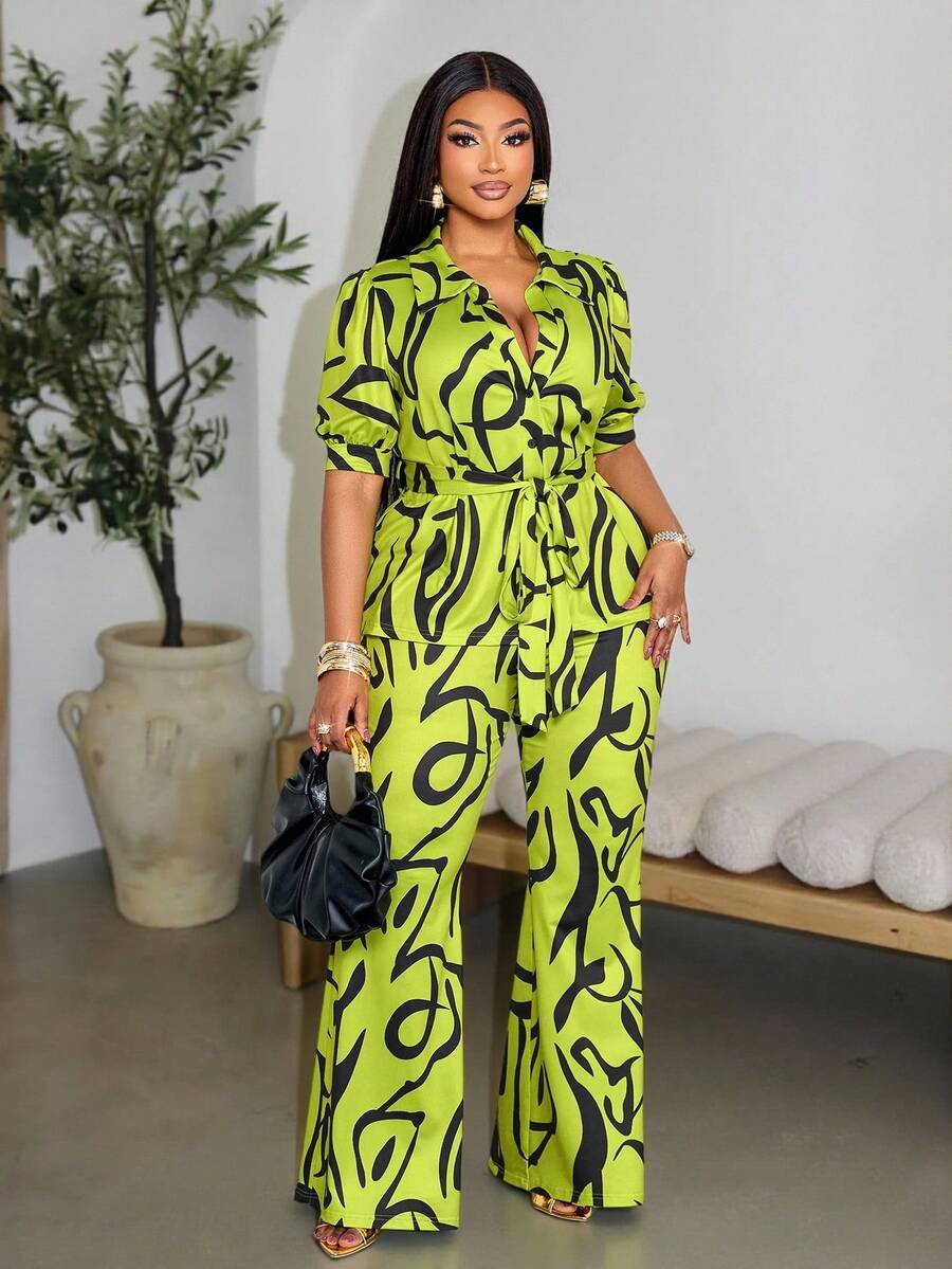 SOLERSUN Ensemble casual grande taille avec Top à manches courtes et pantalon imprimés tout-sur-tout avec ceinture - Vert - Voir 1