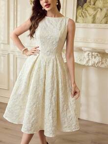 Vintamour 复古经典优雅女士连衣裙，春夏修身提花连衣裙，船领连衣裙，杏色底粉色碎花连衣裙，玫瑰连衣裙，中长款喇叭裙 - 粉色 - 查看 6