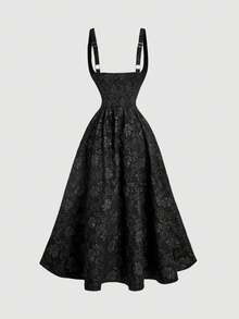 SHEIN MOD Women's Elegant Black Jacquard Spaghetti Strap Dress,Autumn Floral Brocade Corset Midi Skirt,Golden Button Gothic Victorian Pirate Style Dining Dress - Black - View 6