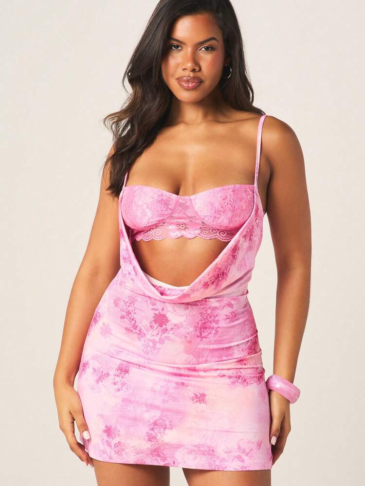MISSGUIDED Women's Pink Tie Dye Watercolor Mini Dress With Cowl Neck Cut Out Detail Spaghetti Strap Bodycon Summer Party Cocktail