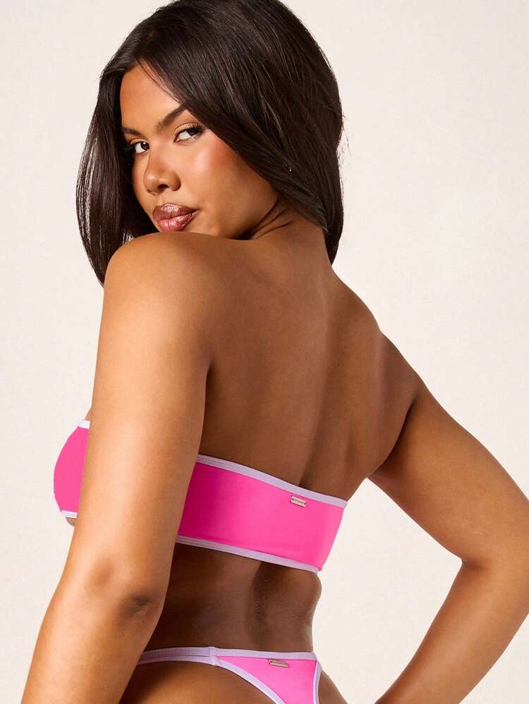 Missguided x Playboy Women's Pink Bandeau Bikini Set With Cut Out Detail Strapless Two Piece Swimwear Summer Beach Vacation