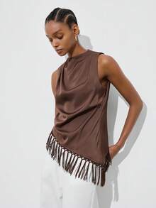 Maija 女士纯色无袖上衣，不对称下摆饰有流苏，适合夏季圣帕特里克节、复活节、海滩度假、各种场合，也适合夏季外出、毕业典礼等休闲场合。 - 咖啡棕 - 查看 5