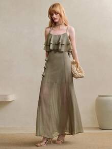 Arave 女士编织细肩带系带荷叶边下摆休闲度假优雅约会连衣裙，夏季 - 0.霧綠 - 查看 6