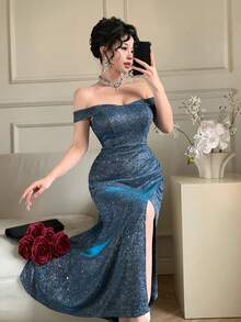 DAZY 女士优雅露肩褶裥鱼尾中长连衣裙，亮面面料，夏季婚礼宾客礼服 - 藍色 - 查看 9