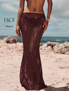 Opulessa Jupe moulante sirène à taille basse en tricot de couleur unie et dentelle - Rouge foncé - Voir 7