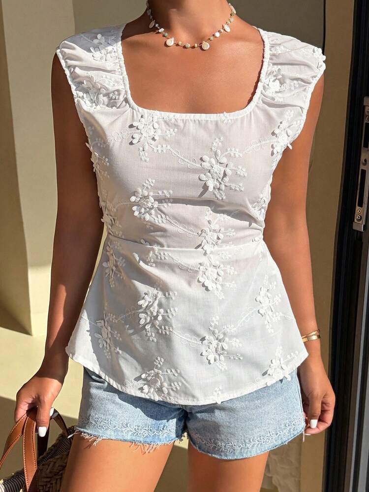 Women's Casual Sleeveless Top With Solid Color Embroidered Applique, Summer