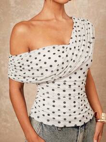 Lumalex Áo kiểu nữ thanh lịch cổ điển gợi cảm màu đen chấm bi, tay dài, xếp ly, khoét vai, ôm sát. - Đen và trắng - Xem 7