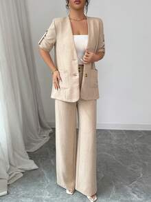 Modelyn Bộ đồ nữ 2 món: Áo cổ chữ V tay xắn và quần ống rộng túi xéo. - Màu Khaki - Xem 4